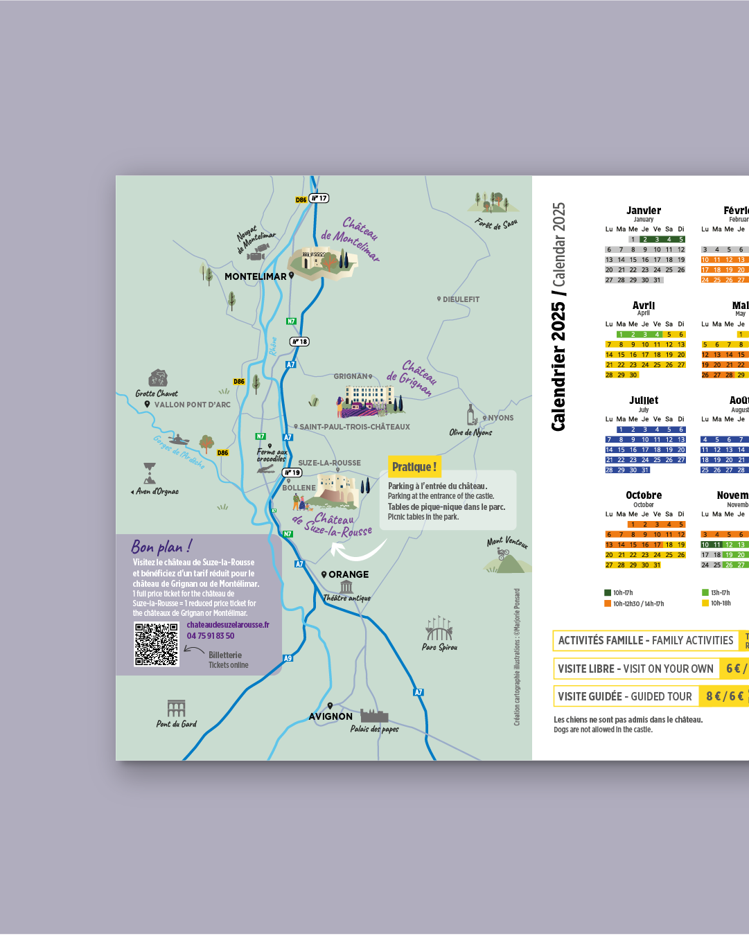 Double page du dépliant touristique Château de Suze-la-Rousse avec carte illustrée de la région et calendrier
