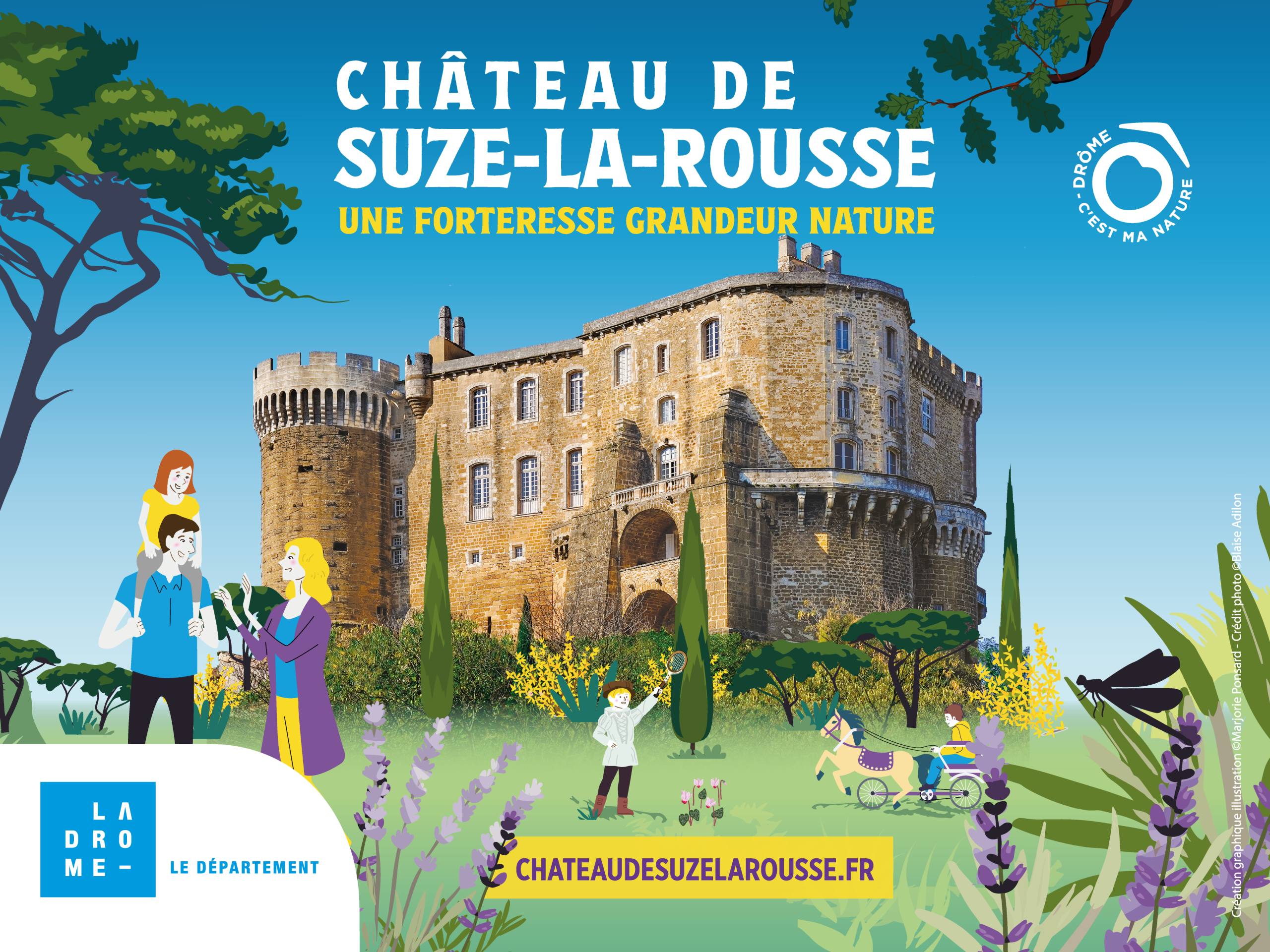Illustration du Château de Suze-la-Rousse dans la Drôme, en format paysage, avec une famille profitant du parc et le logo du Département de la Drôme