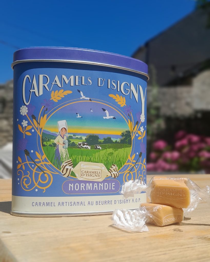 Packaging illustré — Boîte de caramels au bleuet, Isigny